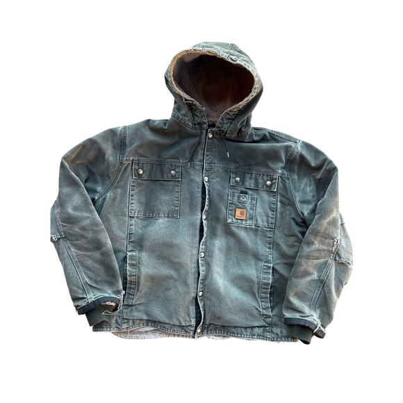 Vintage Carhartt J284 Faded Moss XL Sherpa Lined Thrashed Hoodie Chore Jacket - Picture 1 of 10